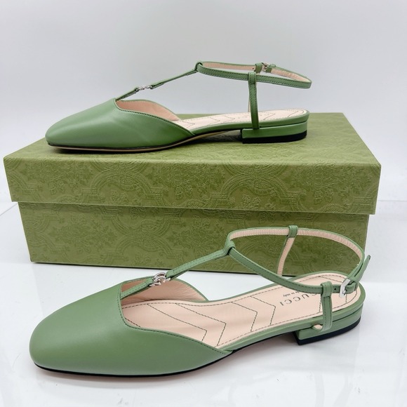 GUCCI Women Ballet Flat DOUBLE G INTERLOCKING LOGO Slingback Green Leather EU 36 - Picture 3 of 11